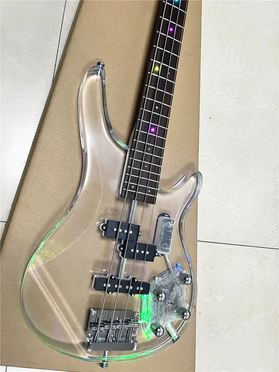 High quality crystal clear acrylic Plexiglas 4-string electric bass multi-color led lights flashing Free shipping