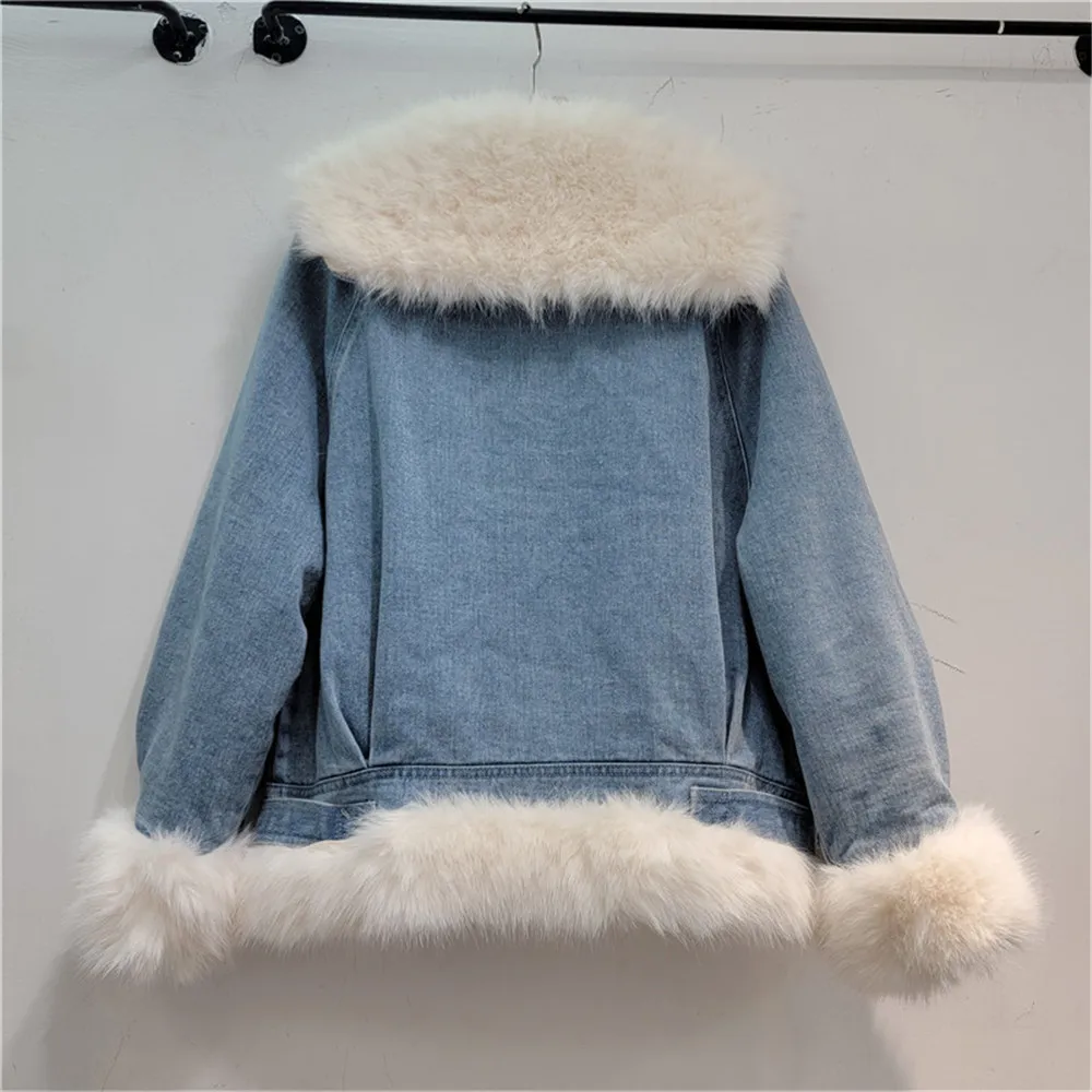 2023 Winter New turndown Collar Faux fur Spliced Denim Coat for Women Cotton padded Jacket Warm Denim parka Y4498