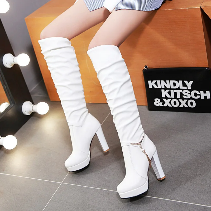 Size33-43 Lady Chunky Heel Boots Big Size Knight Boots Pleated Fashion Boots With Metal Beading