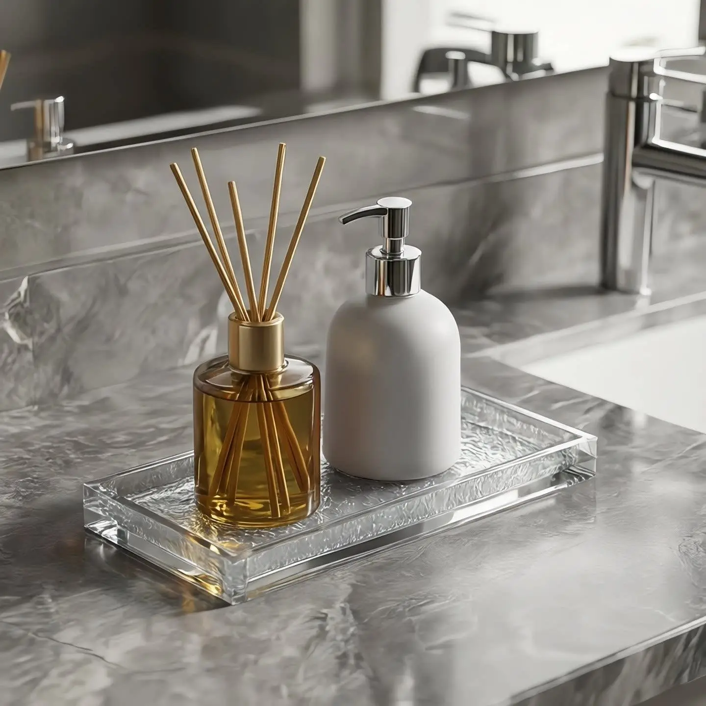 Clear Acrylic Bathroom Vanity Tray, Textured Decorative Countertop Organizer Tray for Perfume Diffuser Soap Dispenser,