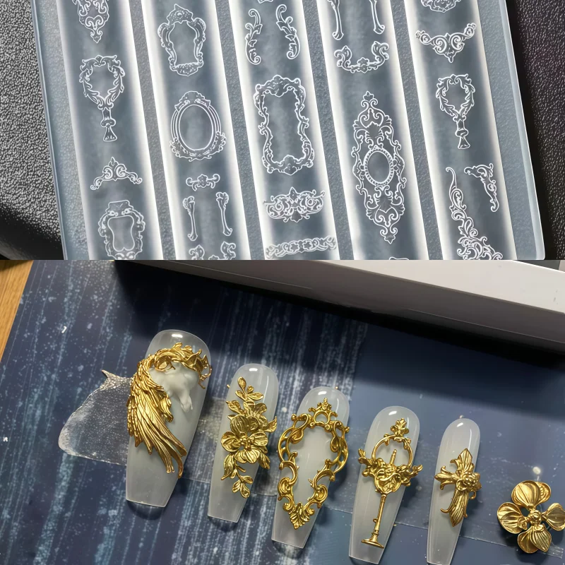 European Style Nail Art Mold Set Vintage Baroque Shell Carving 3D Relief Transparent Silicone Picture Frame for Nail Decorations