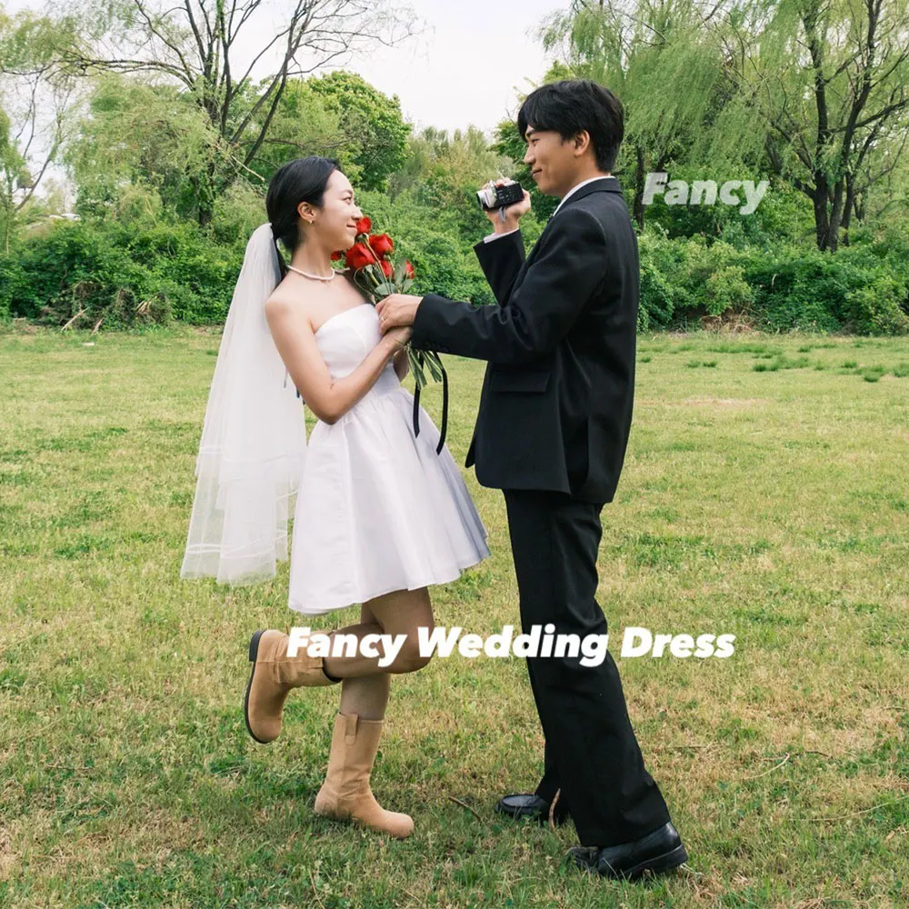 Fancy Simple Strapless Wedding Dress A Line Korea Photo Shoot Mini Short Evening Dress Back Corset Customized