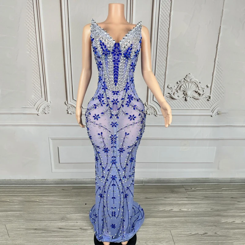 

Blue Rhinestones Tailed Dress High-End Party Wedding Gown Women Celebrate Costume Evening Dresses Stage Catwalk Outfit XS9589