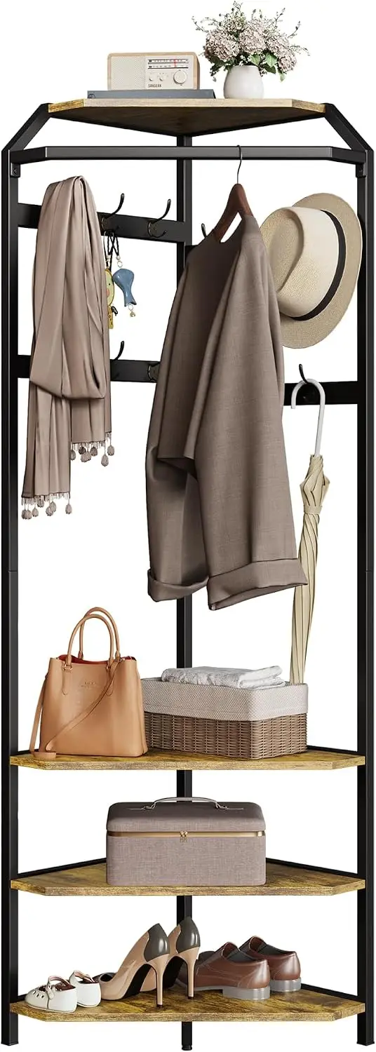3 Tier Storage Shelves Metal Coat Rack With Shoe Bench and 12 Hooks Special Corner Storage Rack Suitable for Bedroom or Living Room Freestanding Entryway Organizer for Jackets, Hats, Shoes