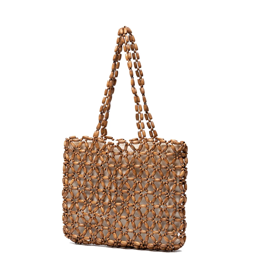 

Women Beach Woven Hand Bag Daisy-shaped Design Hollow-out Wooden Bead Tote Bucket Shoulder Bag Female Handmade Beaded Handbags