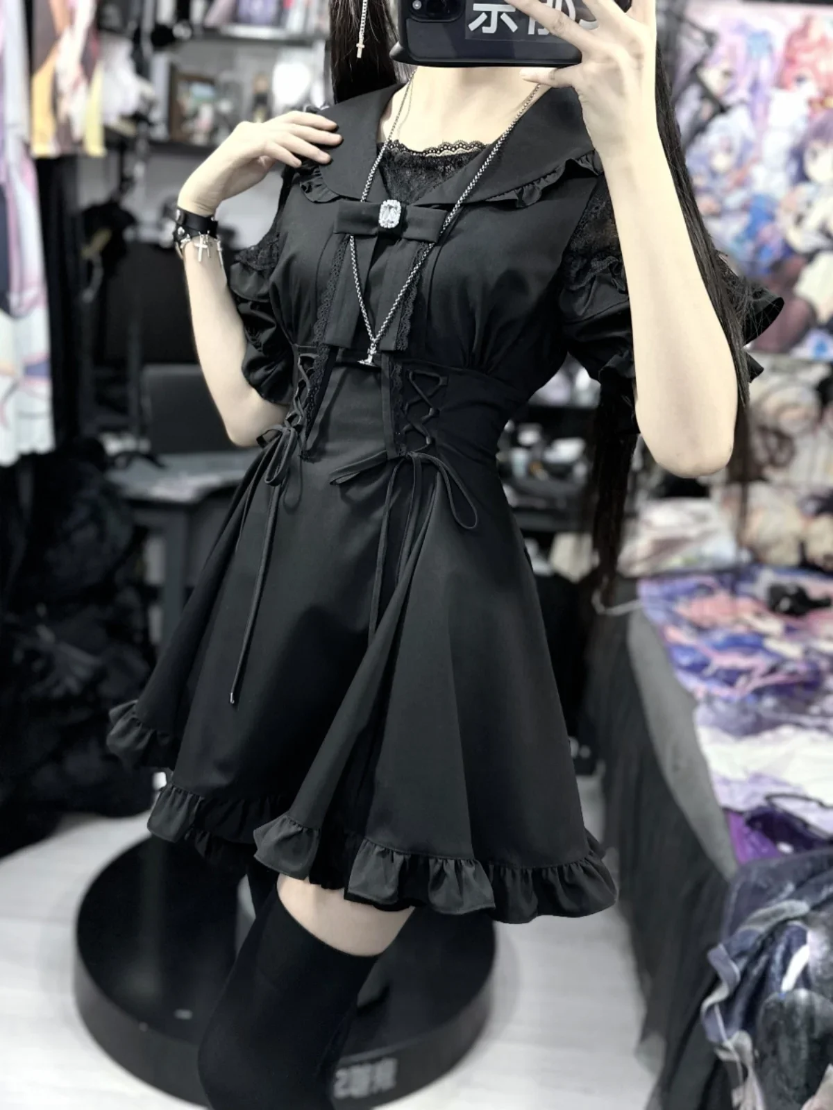 Japanese Mine Lace Patchwork Sailor Collar Short Sleeve Waist-Controlled Black Dress Shirt and Shorts 2 Peice Set Sweet Outfits