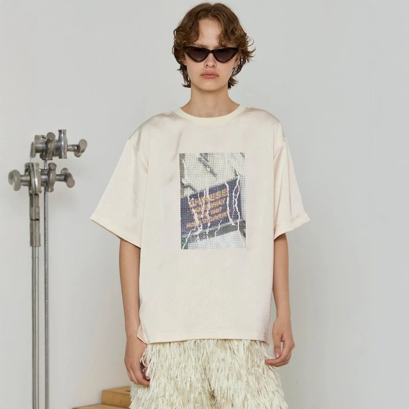 

Torowee 25 New Faion Print Satin Texture Fabric Versatile T-irt Top Women's Casual Loose Fit ort Sve round Ne irt