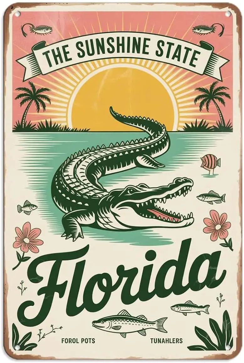 Florida Alligator Beach Tin Sign, Vintage The Sunshine State Florida Retro Rustic Metal Wall Decor for Bar Kitchen Bedroom Garag
