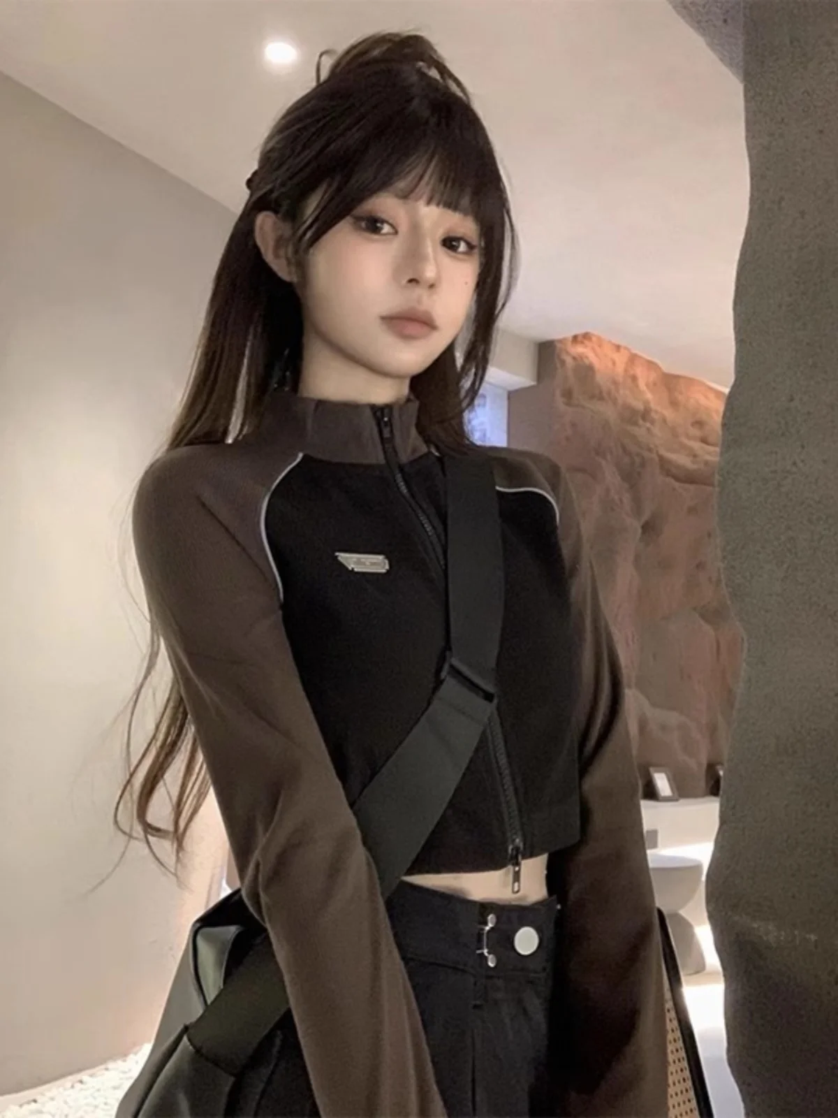 Retro American Short Sleeveless Jacket Women's Design Sensation Sweet Cool Style Long Sleeve Motorcycle Clothes Zipper Cardig...
