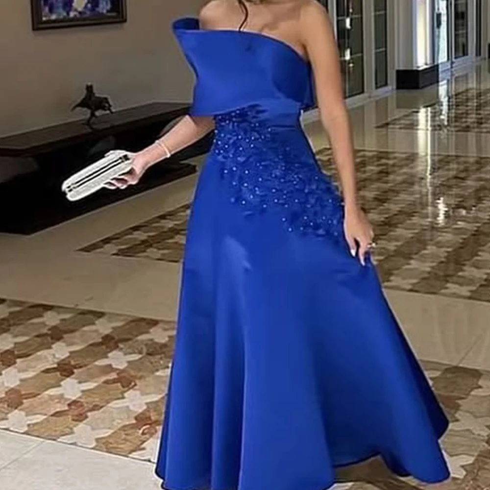 

Customized Exquisite One Shoulder Jersey Evening Dress Fashion Strapless Half Sleeves A-Line Floor Length Bespoke Occasion Gowns