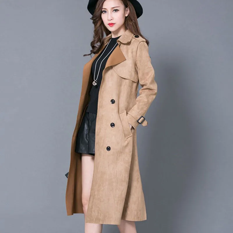 

2022 Autumn New Deerskin Velvet Windbreaker Women Korean Slim Long Trench Coat Belt Ladies Tops Elegant Chic Overcoat Streetwear