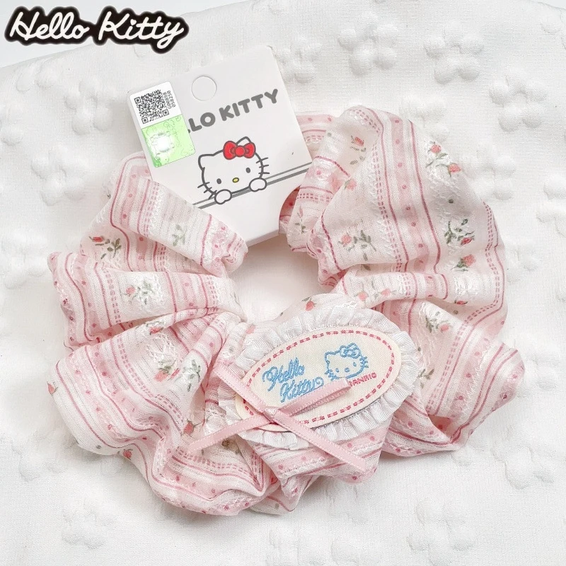 Élastique à cheveux HelloKitty à motif floral, scrunchie en tissu de style coréen, accessoire capillaire mignon et frais pour filles