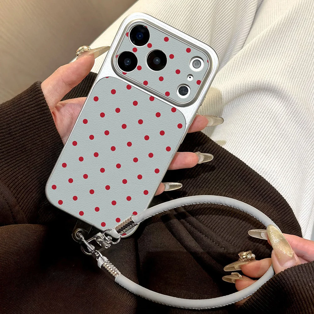 Green Red Polka Dots Pattern Large Window Leather Phone Case For iPhone 17 Pro Max 11 12 13 14 15 16 Pro Max Cover With Lanyard