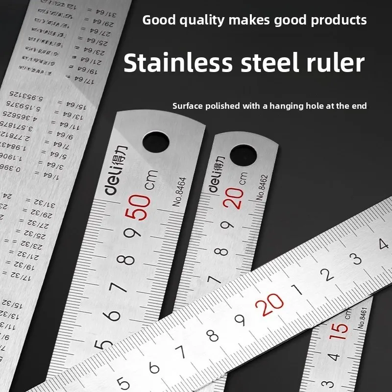 Deli 8462 Stainless Steel Ruler15cm 20cm 30cm, Metal Straight Edge Measuring Tool for Drawing, School & Office, Silver