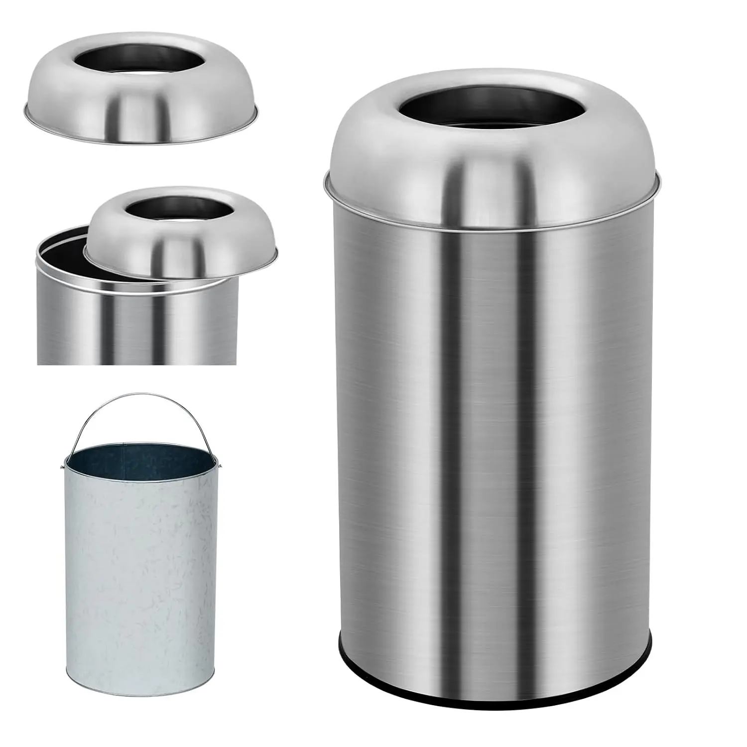 50/70L Stainless Steel Trash Can Open Top Double Layer Garbage Waste Bucket for Bathroom Kitchen Bedroom Office Desk Home Living Room Hotel Cleaning Tools