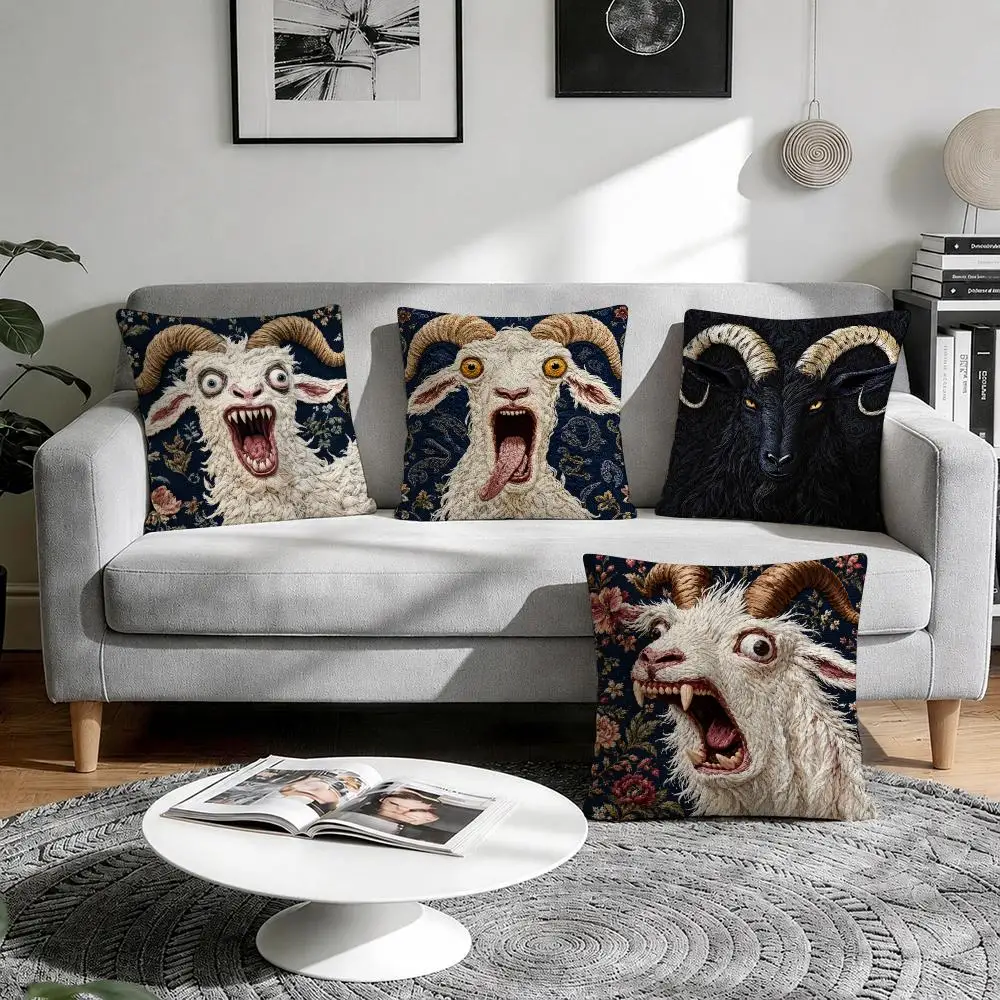 Funny Goat Shriek Design Cushion Cover Natural Breathable Durable Linen Printed Decor Pillow Case Sofa Bedroom