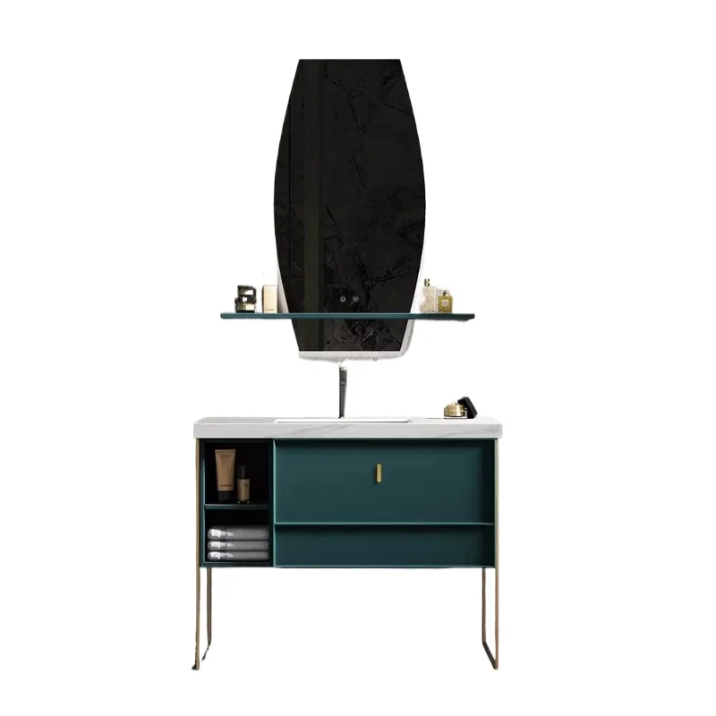 

Modern luminous mirror single sink bathroom cabinet stainless steel frame floor-to-ceiling waterproof wooden bathroom vanity