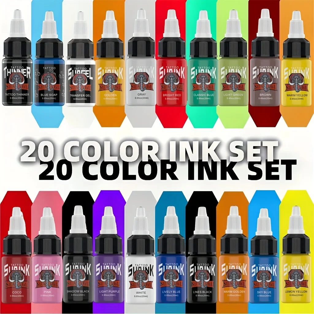 Set di inchiostri per tatuaggi da 20 colori - Bottiglie grandi da 20 ml (0,65 once), inchiostro professionale per body art per tutti gli stili di tatuaggi.