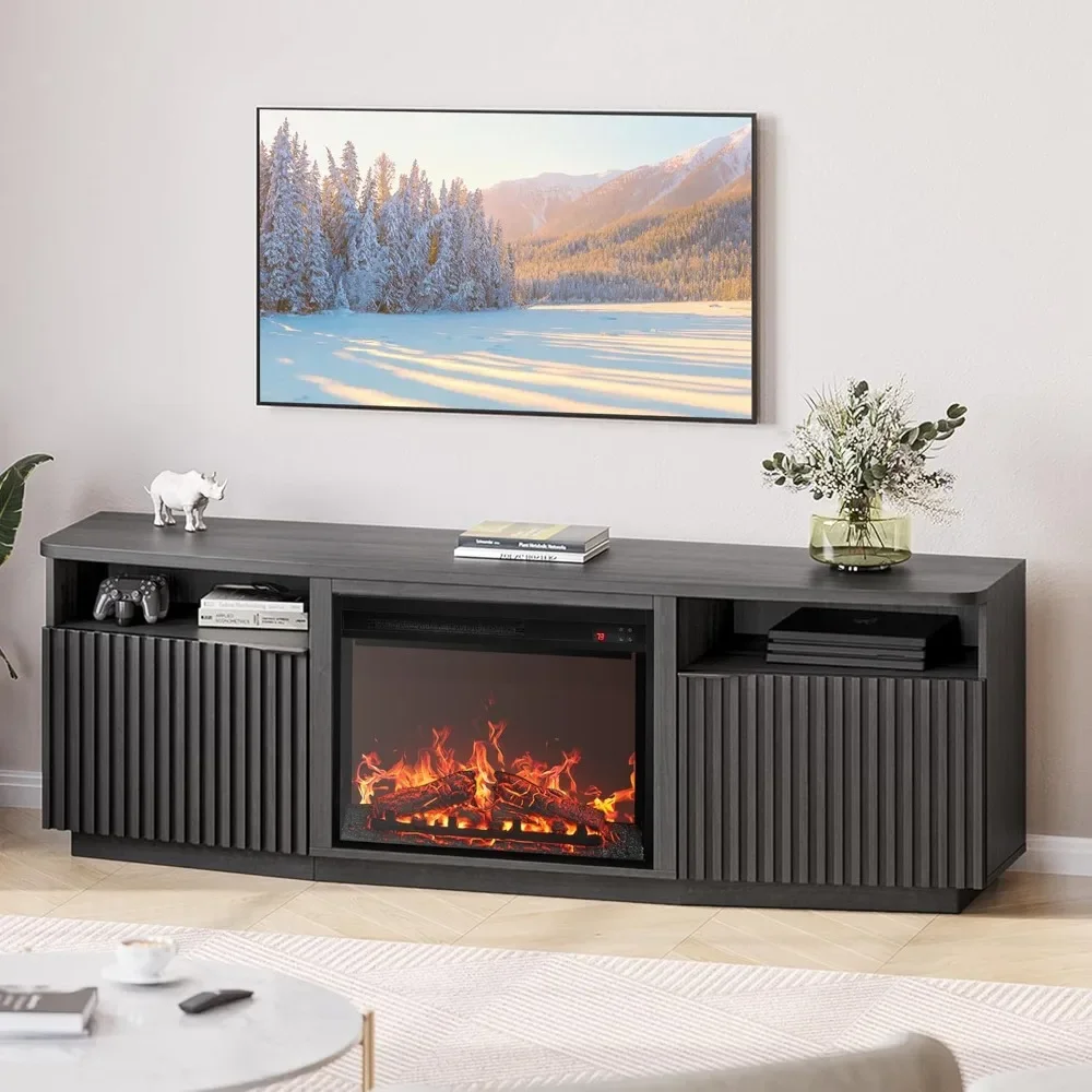 Groove TV Cabinet with Electric Fireplace Heater and Sound System, Media Console Table with Cable Management