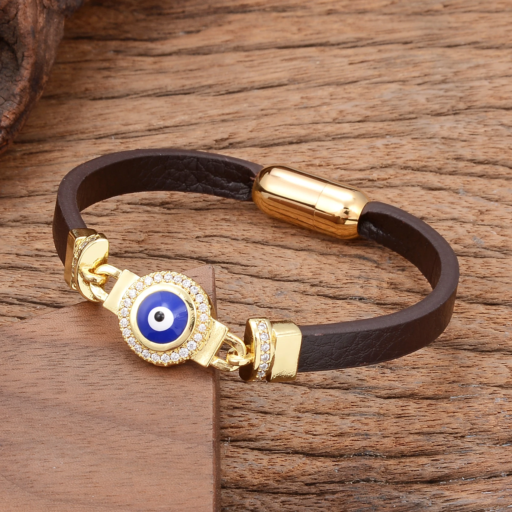 Nieuw In Zirkonia Lederen Armband Voor Vrouwen Blauw Boze Oog Mannen Armbanden Armband Kpop Vrouwen Rvs Gesp Sieraden