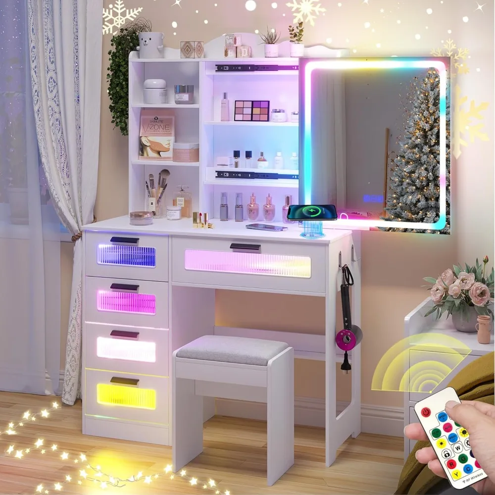 Vanity Desk with Mirror and RGB LED Lights, Charging Station and Stool & Sliding Touch Mirror, Girls Vanity Set with 5 Drawers