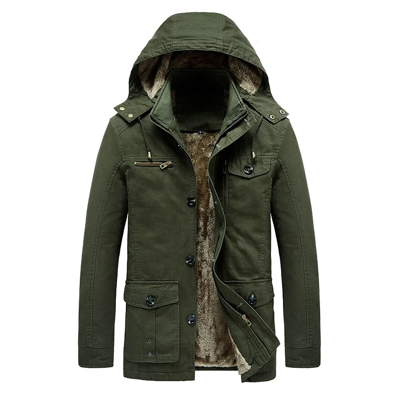 Autumn Winter Fleece Mid-Long Cotton Trench Coat Men's Washed Casual Outerwear