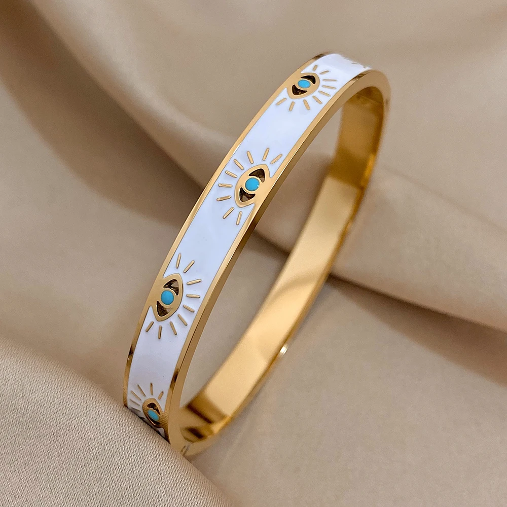 ALLYES Trendy 316L Stainless Steel Devil Eye Bracelet for Women Charm White Enamel Wrist Waterproof Bangles Bracelets Jewelry