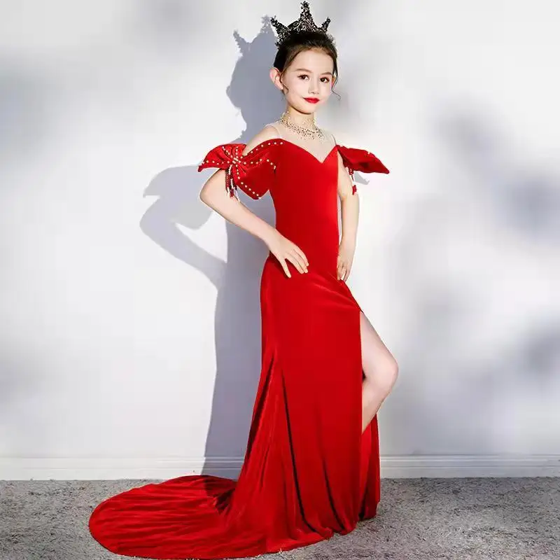 Red Bow Trumpet Holiday Dress kids Full Length Elegant Wedding Ceremony Girl Dress Princess Birthday Party Dress For Kids Girl