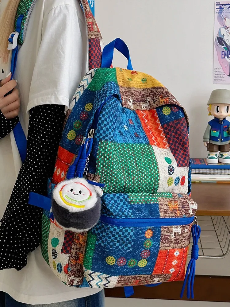 New Fashionable Color-block Ethnic Large Capacity Backpack Niche Original Lazy Style Floral Fabric Backpack For College Students