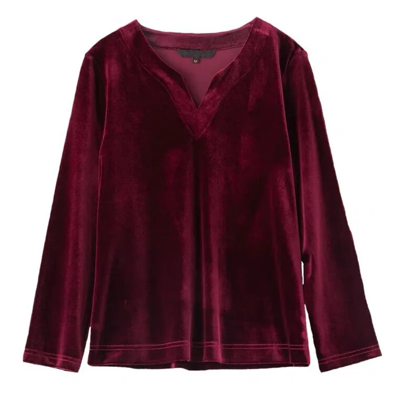 2024 Women V-neck velvet shirt casual full sleeves loose velour blouse playsuit streetwear Spring & Autunm blusas mujer de moda