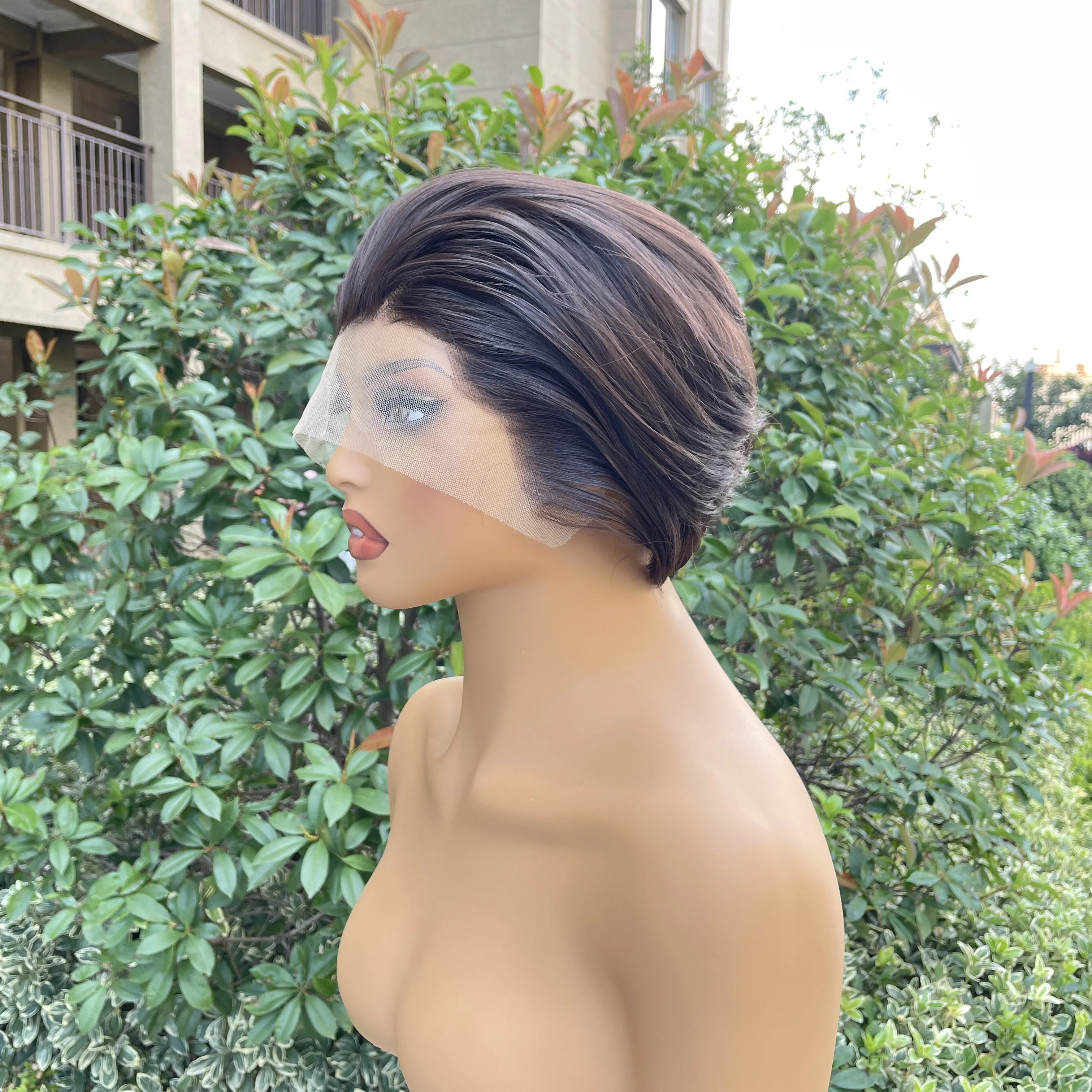 

Widow's Peak Medium Brown Short Bob Cut Wig for Woman Glueless Synthetic Cosplay Wig for Man Natural Pixie 13x4 Lace Front Wig