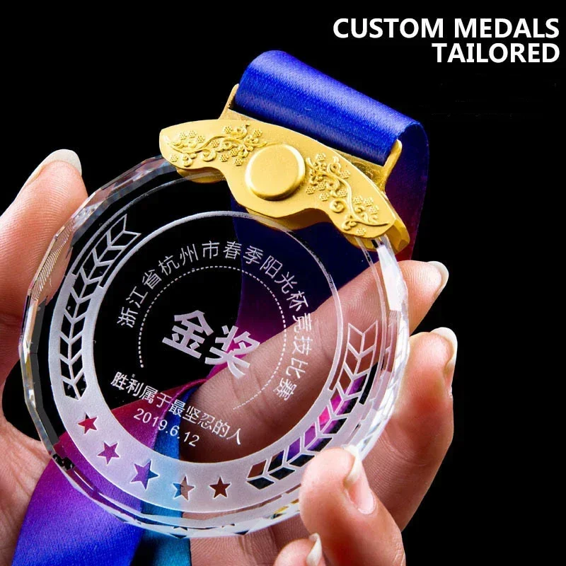 Hight Clear Crystal Glass Medals 1st 2nd 3rd for Children for Sports MVP Blank Award Plaque with Gift Box Free Design and Logo