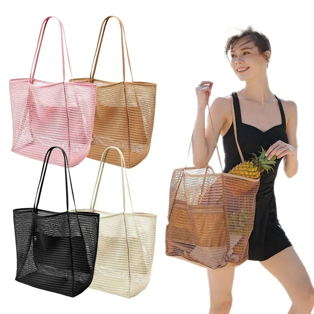Portable Nylon Mesh Tote Bag Black Khaki Pink Lightweight Shoulder Bags Large Capacity Storage Accessories for Summer