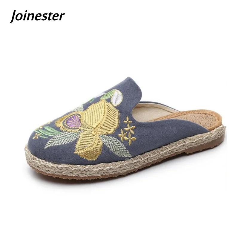 

Women's Round Toe Floral Embroidered Hemp Slipper for Summer Flat Heeled Slip on Casual Mule Ethnic Style Slides for Ladies