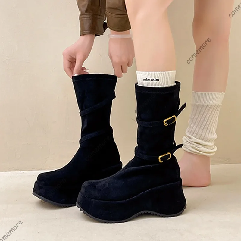 Comemore, plataforma gruesa, suela gruesa, Botas a media pantorrilla Para Mujer, zapatos sin cordones con punta redonda de gamuza, Botas cortas Para Otoño e Invierno 2025