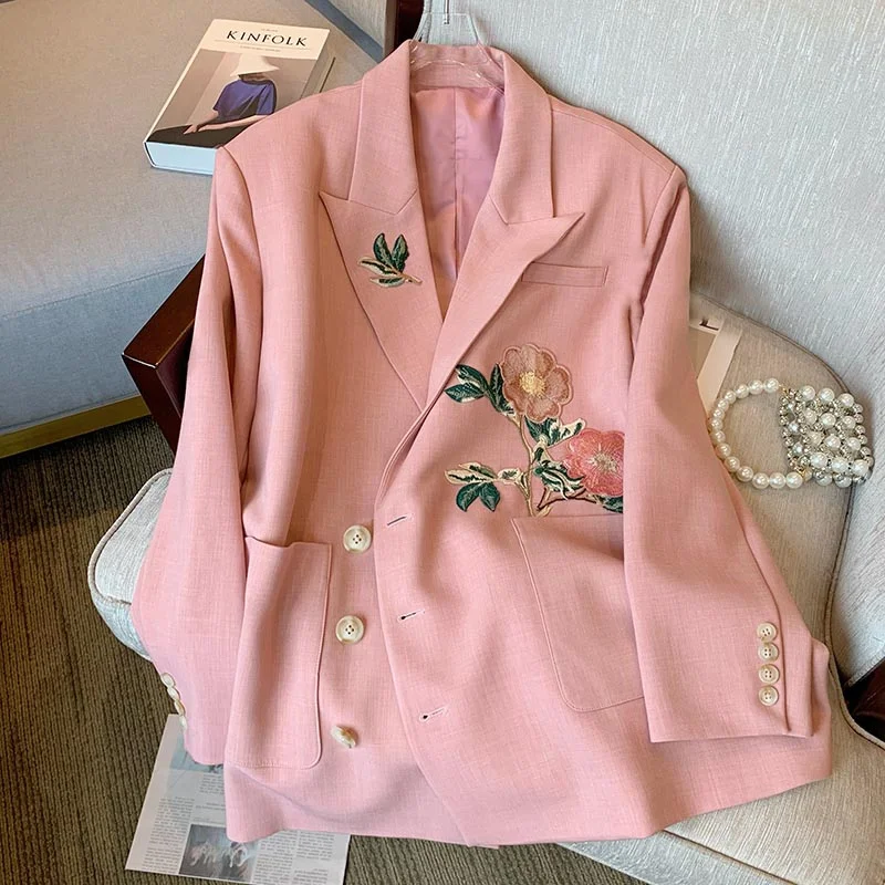 Pink Blazer Jackets Women 2022 Spring Casual Elegant Suit Jacket Single Breasted Fashion Floral Embroidery Blazers Coat Female