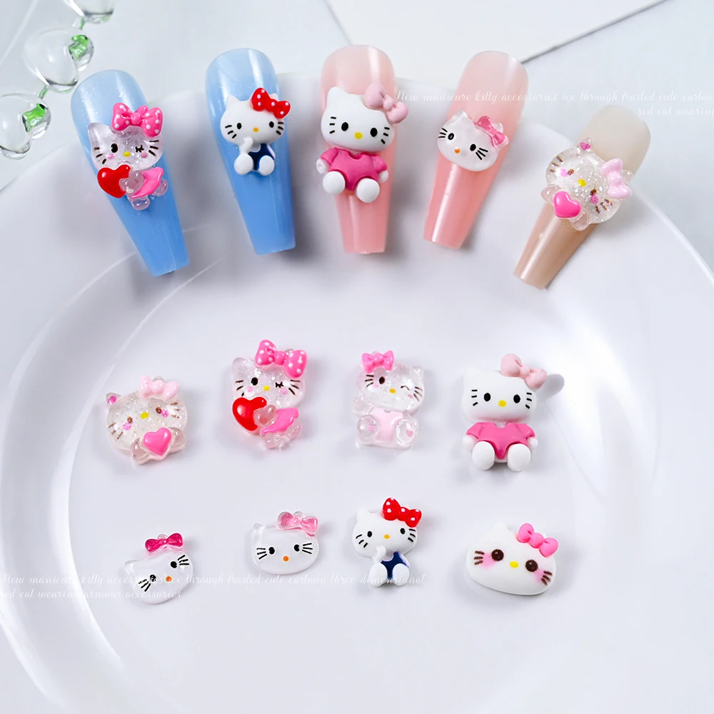 10 шт., мини-красные, розовые подвески для ногтей «Hello Kitty», милый котенок, кот, бант, сердце, смола, дизайн ногтей, стразы, сделай сам, поделки, украшение для маникюра