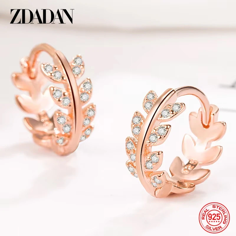 ZDADAN 925 Sterling Silver Rose Gold Leaves Hoop Earrings For Women Girls Fashion Jewelry