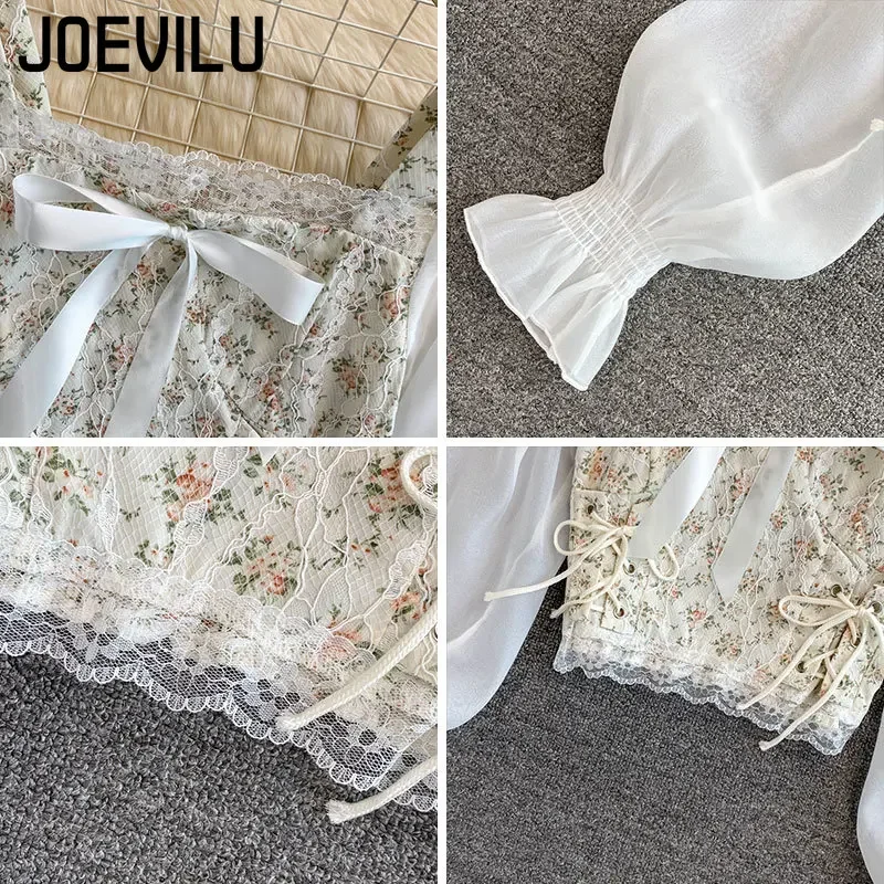 JOEVILU Floral Lace Crop Tops for Women Chic Shirt High Waist Skinny Exposed Navel T-shirt Korean Fashion Y2k Aesthetics Blouse