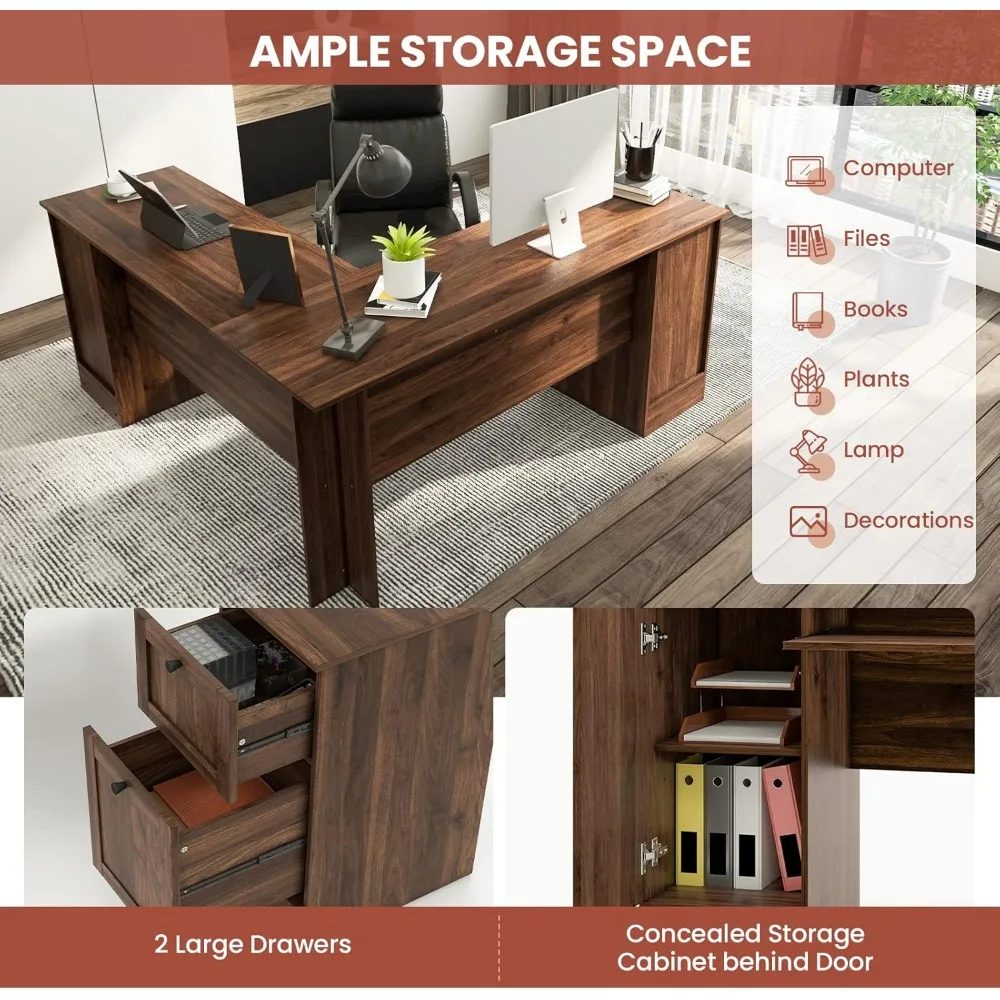 L-förmiger Büroschreibtisch mit Schubladen und Tastaturablage, Home-Office-Eck-Computertisch mit Schrank und Innenverstellung