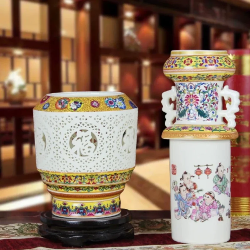 Traditional Jingdezhen Porcelain Hollow-out Famille Rose Vase - Simple Modern Ceramic Ornament, Home Desktop Decor