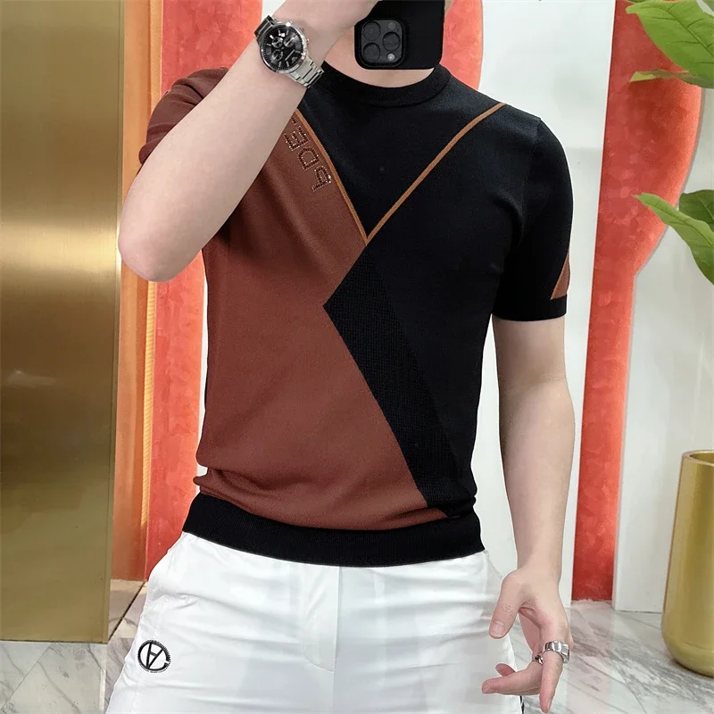 2023 Summer Slim Fit Elastic Patchwork Casual T-shirt Men Round Neck Thin Knitted Ice Silk Short Sleeve T-shirt for Men Clothing