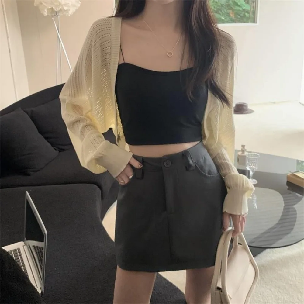 

New Ice Silk Cardigan Top Knitted Sun-Proof Waistcoat Suspender Skirt Shawl Women