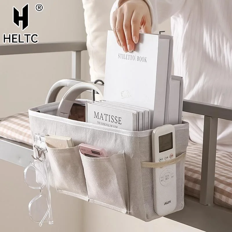 Durable Cotton Linen Bedside Hanging Organizer Large Capacity Multiple Pockets Side Hooks For Dorm Bunk Beds Bedrooms Home