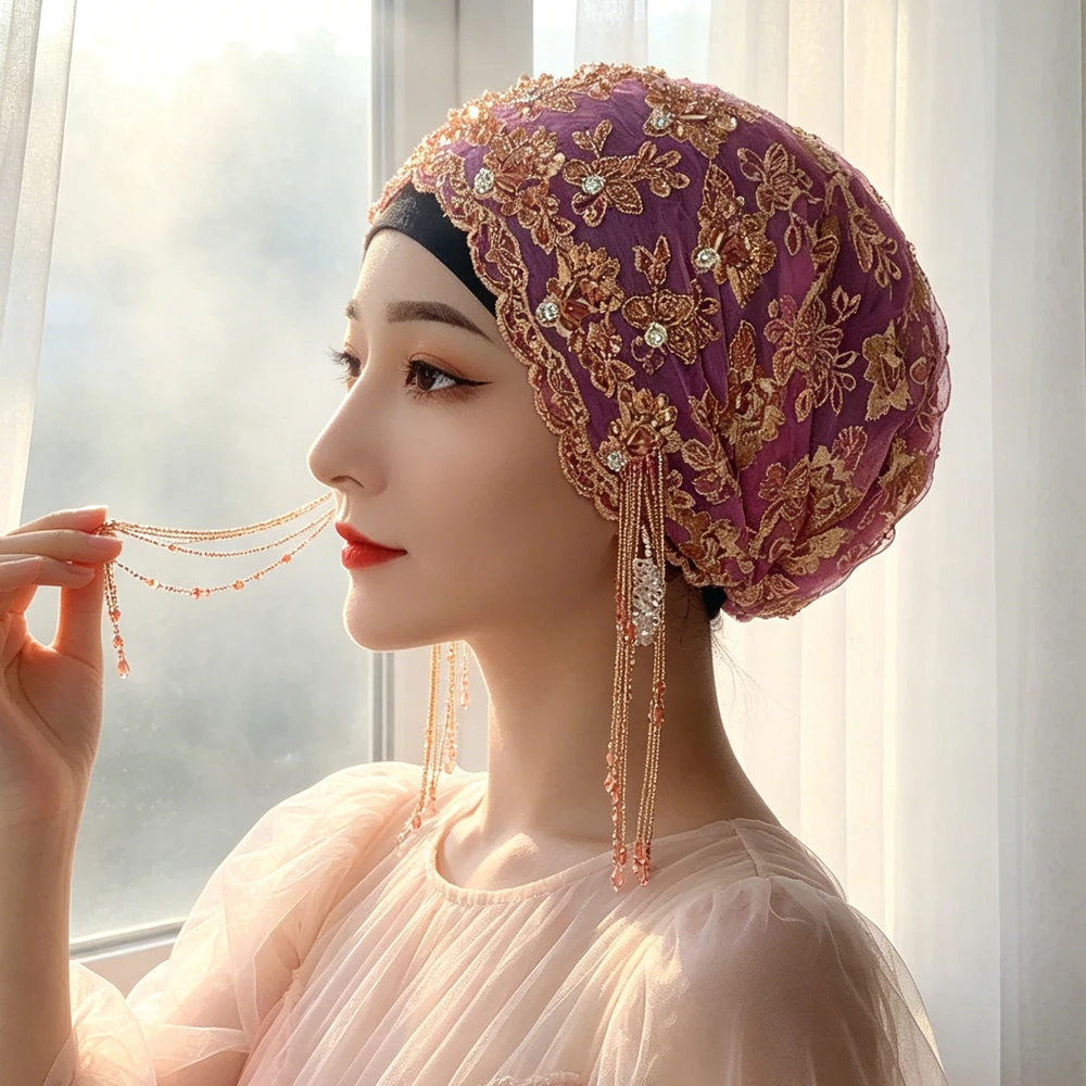 

Ramadan Eid Fashion Muslim Women Turban Hat Luxury Rhinestone Embroidery Long Tassel Instant Hijab Bonnet Headscarf Islam Bonnet