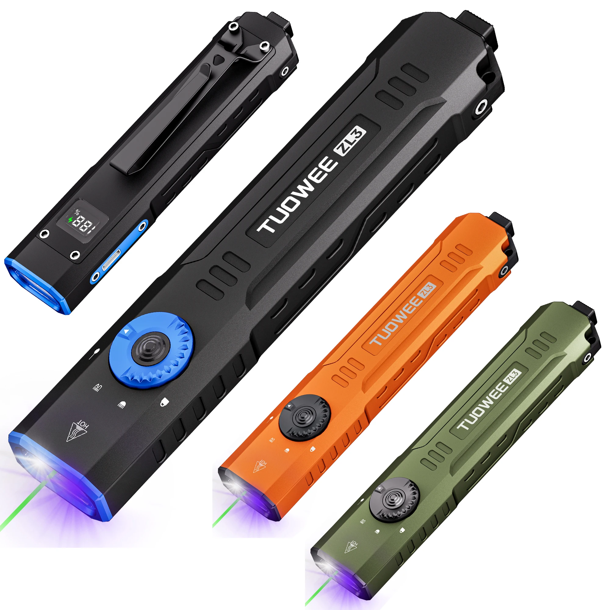 Tactical Flashlight, 1500 Lumens Rechargeable Flashlight with Green Laser, 365nm UV, CNC Aluminum Body, EDC for Camping