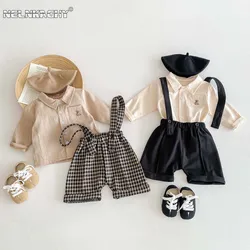 2024 Spring New in Kids Baby Boys Cute Clothes Infant Turn-down Collar Top Shirts+plaid Overalls Shorts Toddler Clothing 3M-3Y