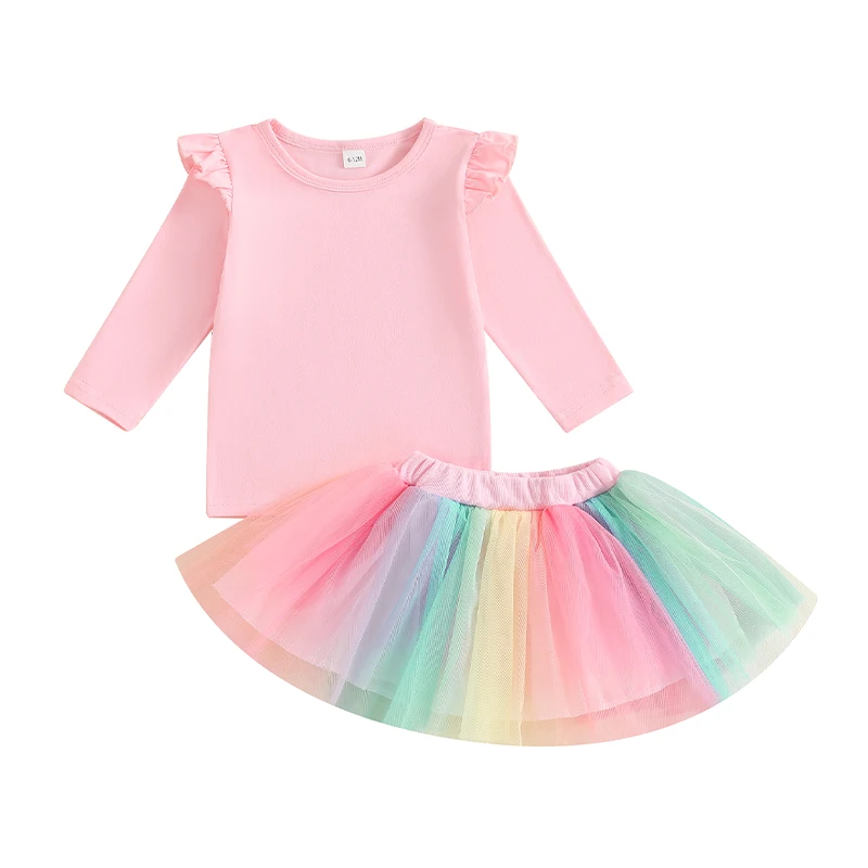 

Toddler Girl 2 Piece Outfit Ruffles Long Sleeve Tops Rainbow Striped Tulle Skirt Set Baby Fall Cute Clothes