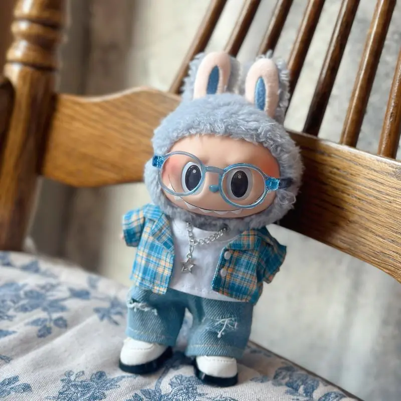 17 centimetri bambola blu camicia a quadri e foro strappato denim jeans set per labubu panni bambola vestiti di ricambio accessori giocattolo borsa per bambole