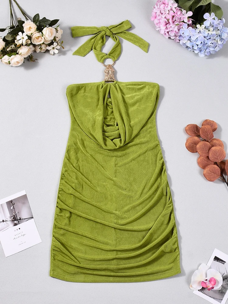 SsTss Mini abito aderente estivo sexy con scollo all'americana per le donne Abito da club increspato sottile senza maniche con dettagli ritagliati alla moda